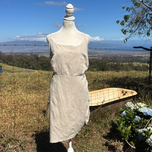 NWT Anthropologie Flat White Linen Asymmetrical Mini Dress Beige Back Cut Out 1X - Picture 2 of 8